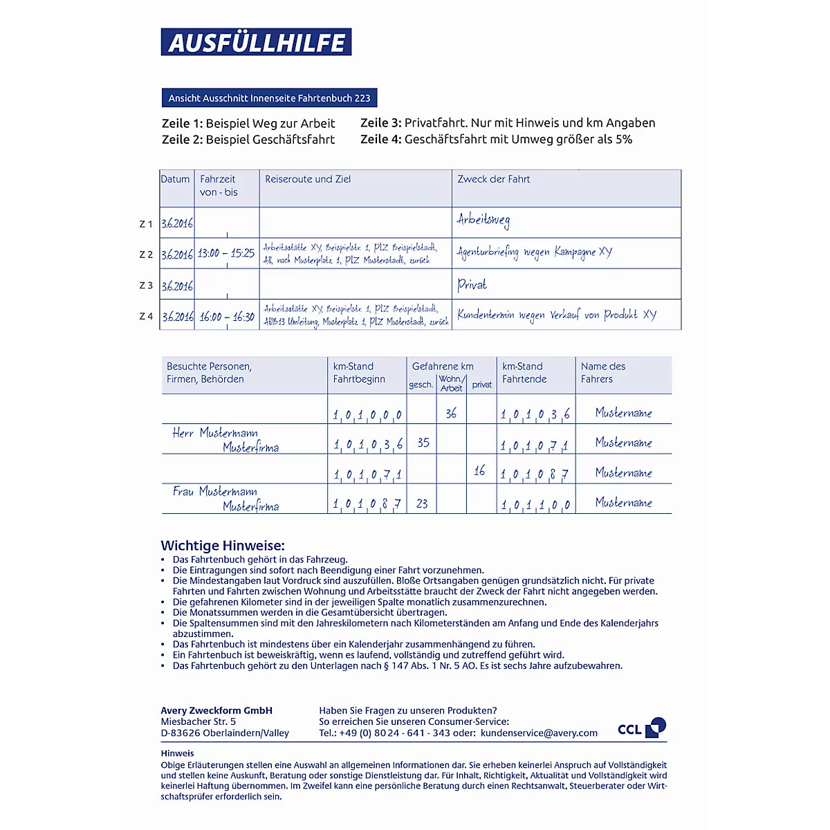 Avery Zweckform 223-10 Fahrtenbuch, Format A5, 10 Bücher mit jeweils 40 Blatt, FSC®-Papier, weiß