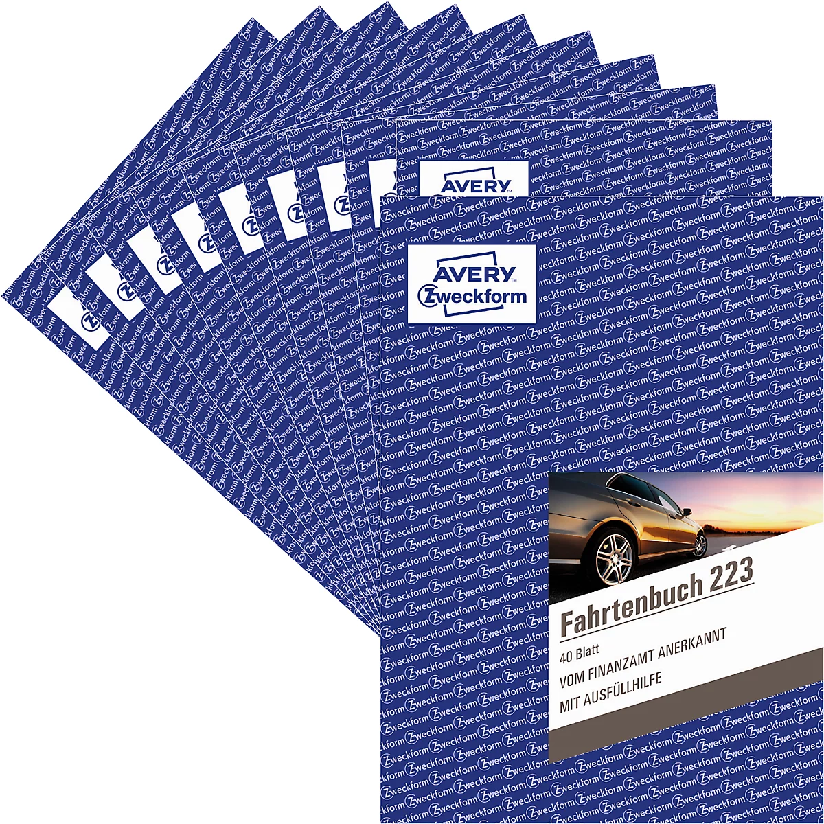 Blue Fahrtenbuch 223, 40 sheets, Avery Zweckform, with a car on the cover. Printed: Recognized by the tax office, with filling aid.