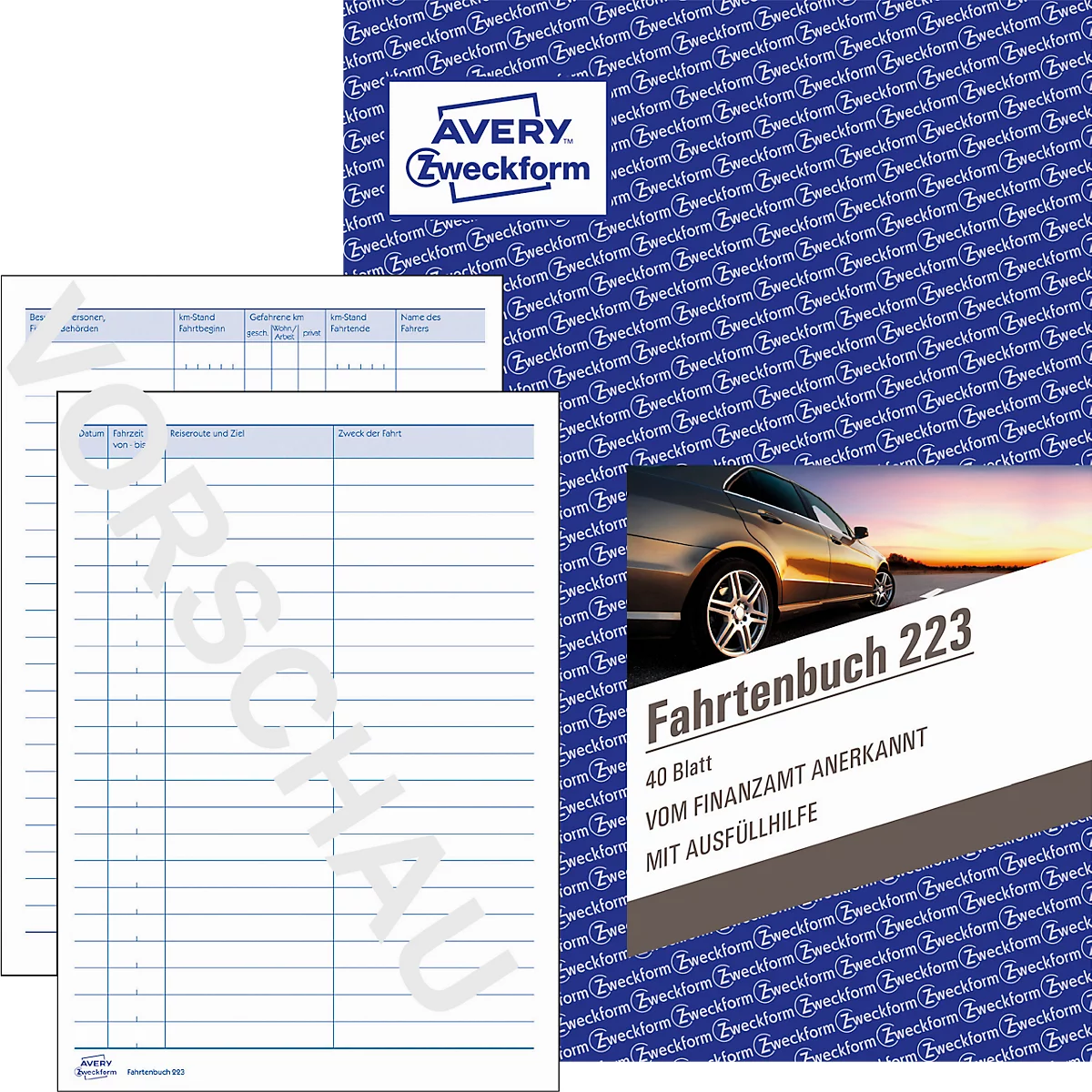 A logbook with a blue background. The cover says 'Fahrtenbuch 223' and 'Vom Finanzamt anerkannt'. Next to it is a stack of sheets with tables.