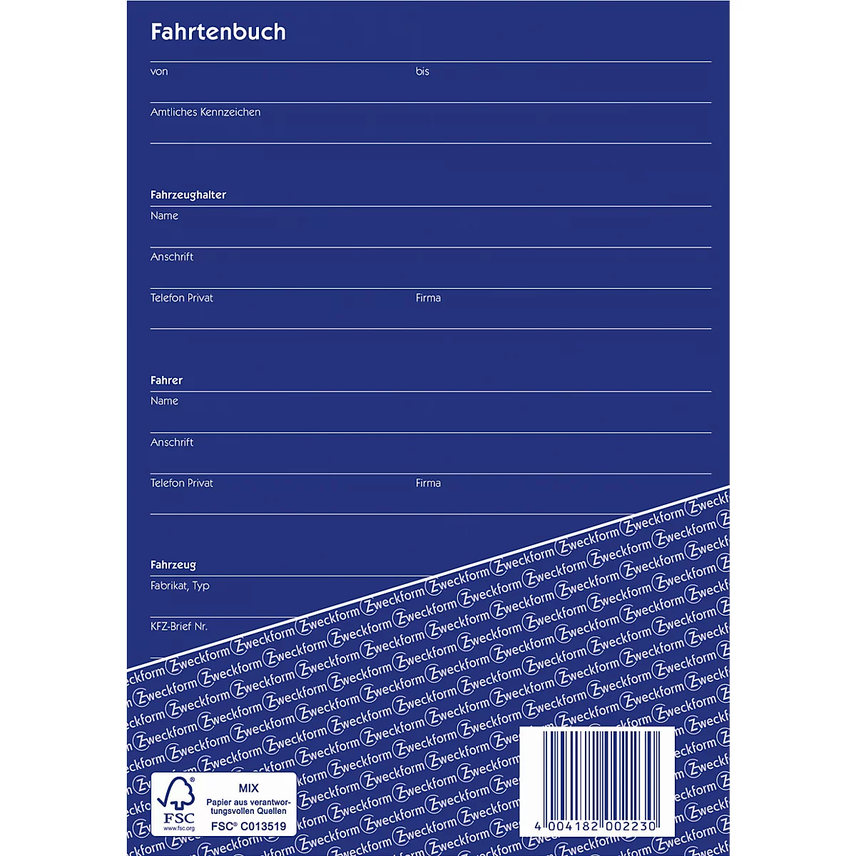Blue logbook, heading 'Fahrtenbuch'. Contains fields for information such as 'Vehicle owner' and 'Driver'. Bottom logo 'Zweckform'.