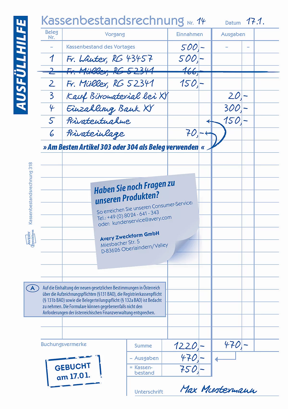 Avery Zweckform 318-5 Kassenbestandsrechnung, Format A5, 5 Bücher mit jeweils 50 Blatt, FSC®-Papier, weiß