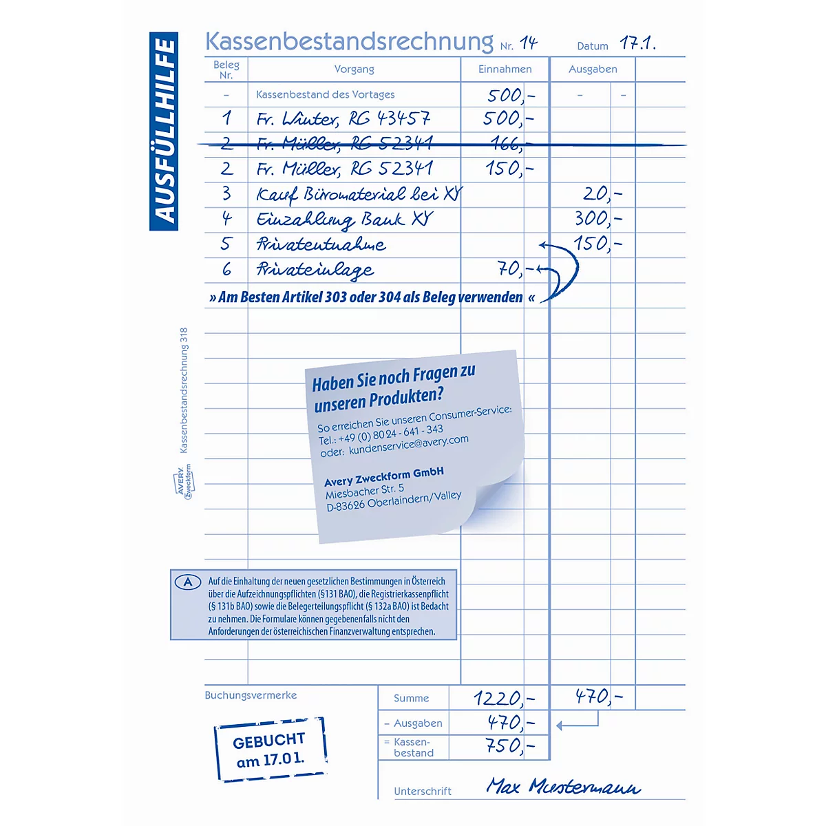 Avery Zweckform 318-5 Kassenbestandsrechnung, Format A5, 5 Bücher mit jeweils 50 Blatt, FSC®-Papier, weiß