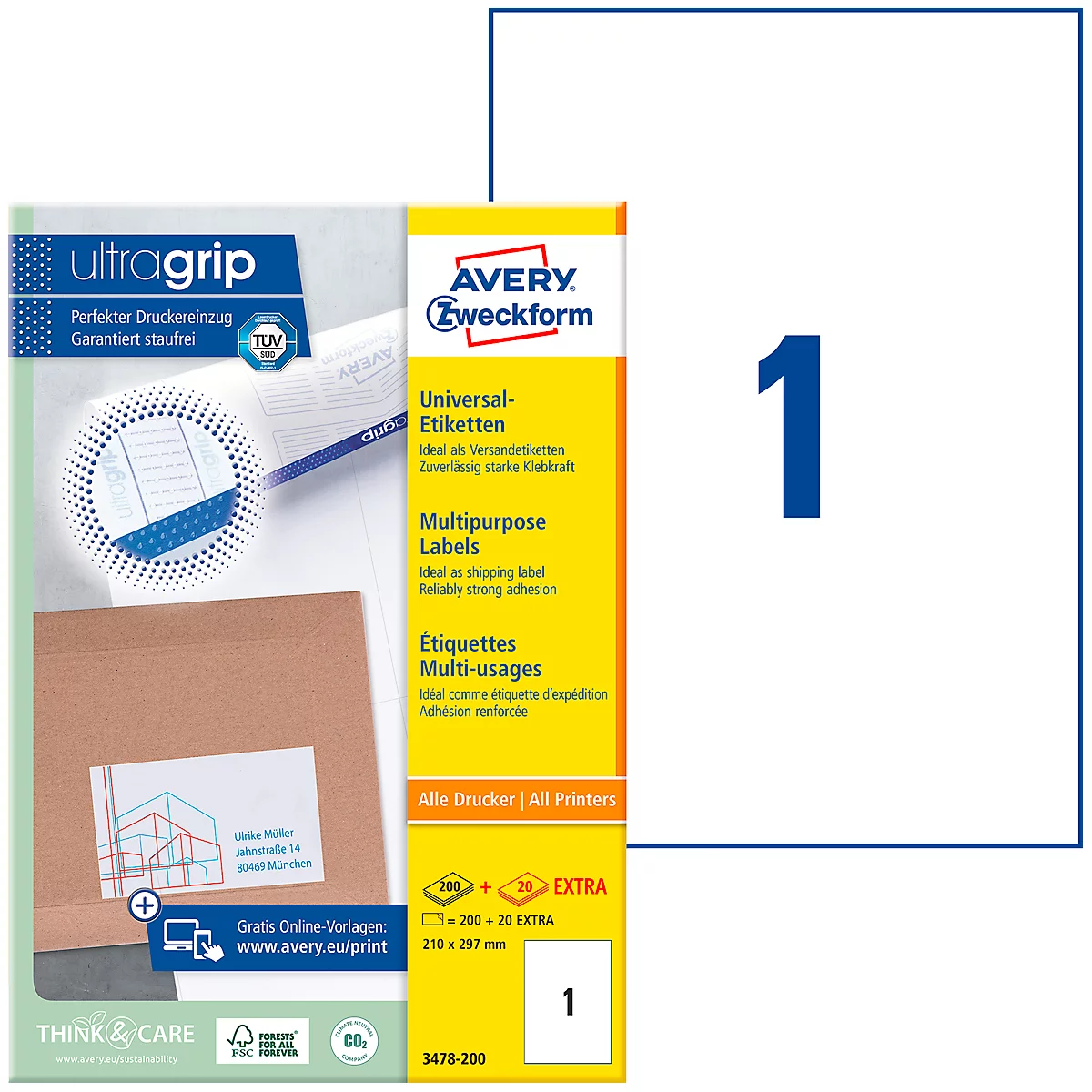 A package of Avery Zweckform universal labels with the number 1. Next to it an example of a printed envelope.