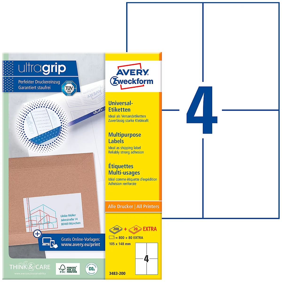 AVERY Zweckform 3483-200 Étiquettes universelles, ultragrip, 105 x 148 mm, DP INTERNETMARKE approprié