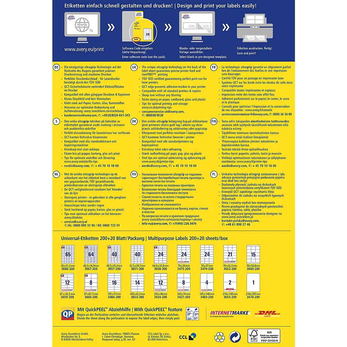 AVERY Zweckform 3659-200 Etiquettes universelles, ultragrip, 97 x 423 mm, DP INTERNETMARKE approprié