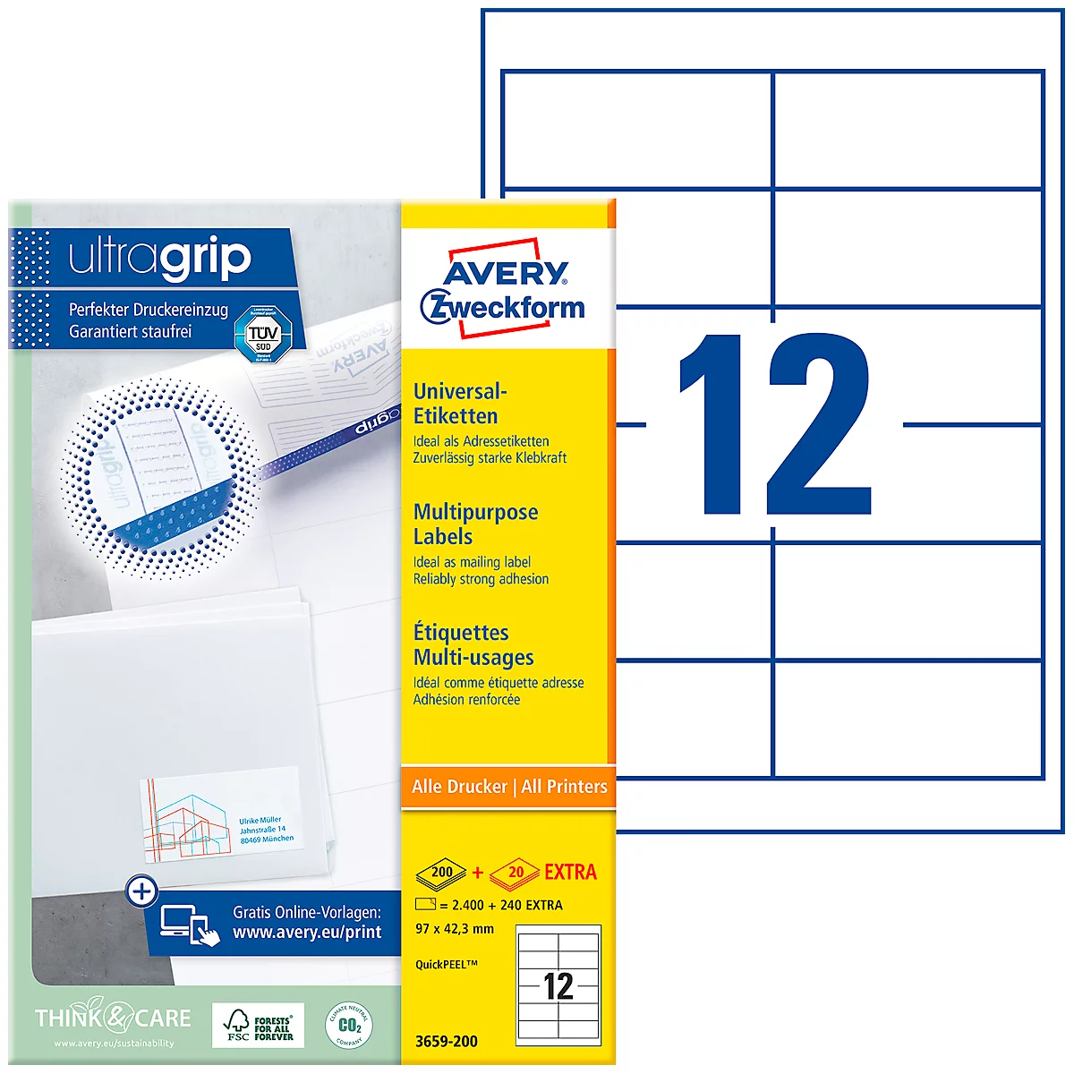 Product packaging of Avery Zweckform labels, white, with blue logo and text. To the right, a sheet of labels.