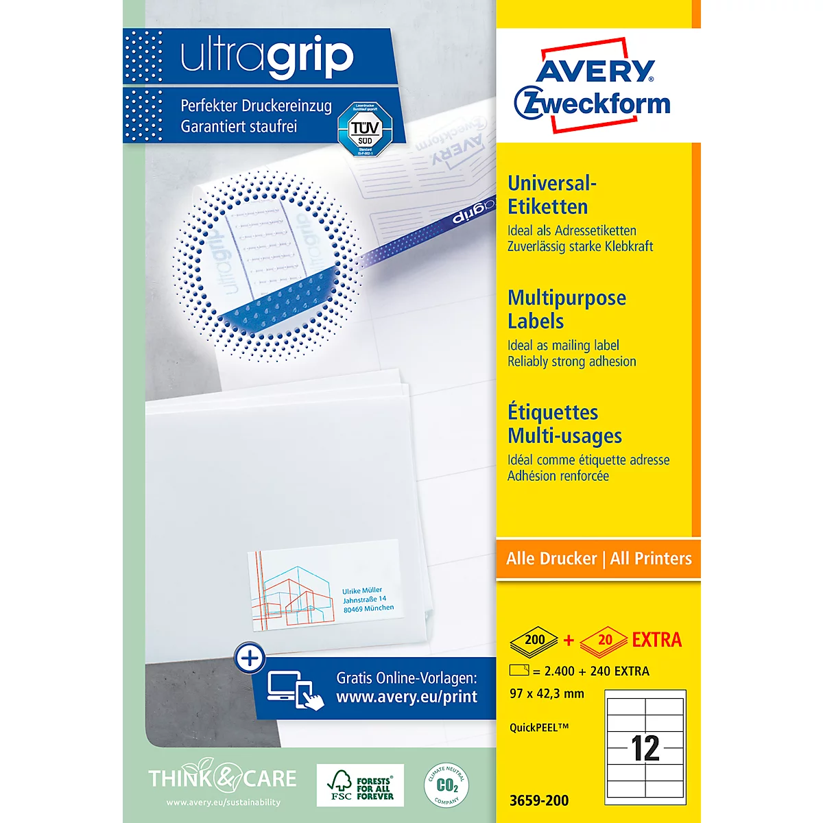 White label package with text "ultragrip" and "AVERY Zweckform". Yellow side stripe with product information, labeling.
