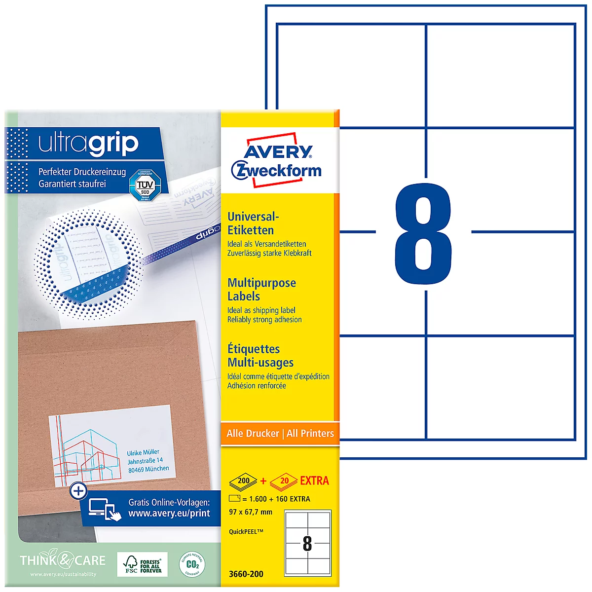 A pack of Avery Zweckform universal labels with 8 labels on a white background. Prints: "ultragrip", "Multi-usages" and "Alle Drucker"