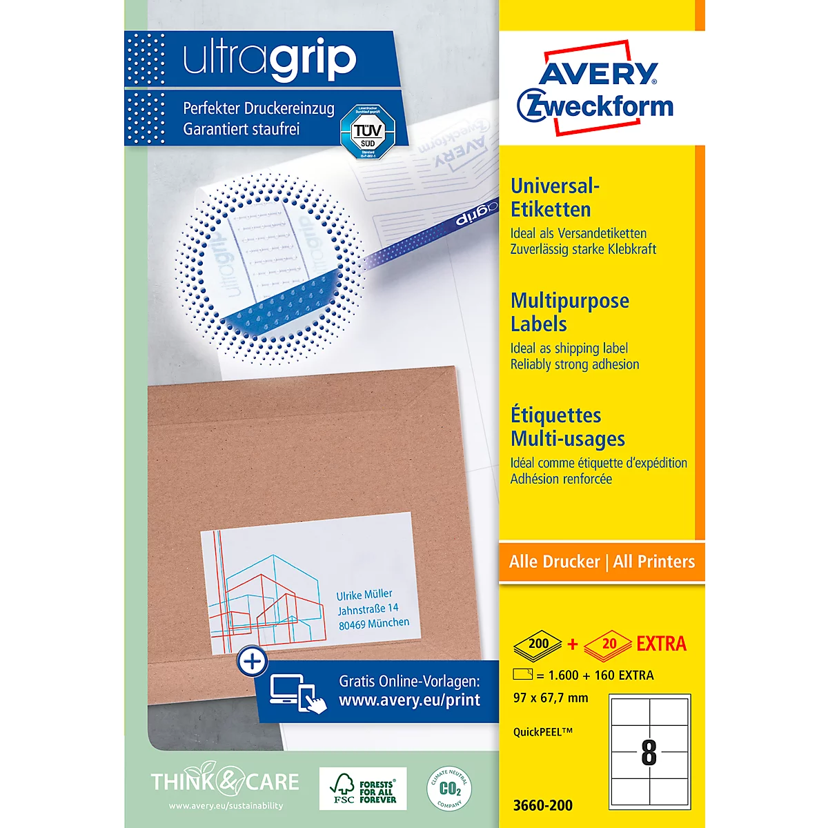 Label pack with product details and logo. "ultragrip" on the left, "AVERY Zweckform" on the right. A label on an envelope at the bottom.
