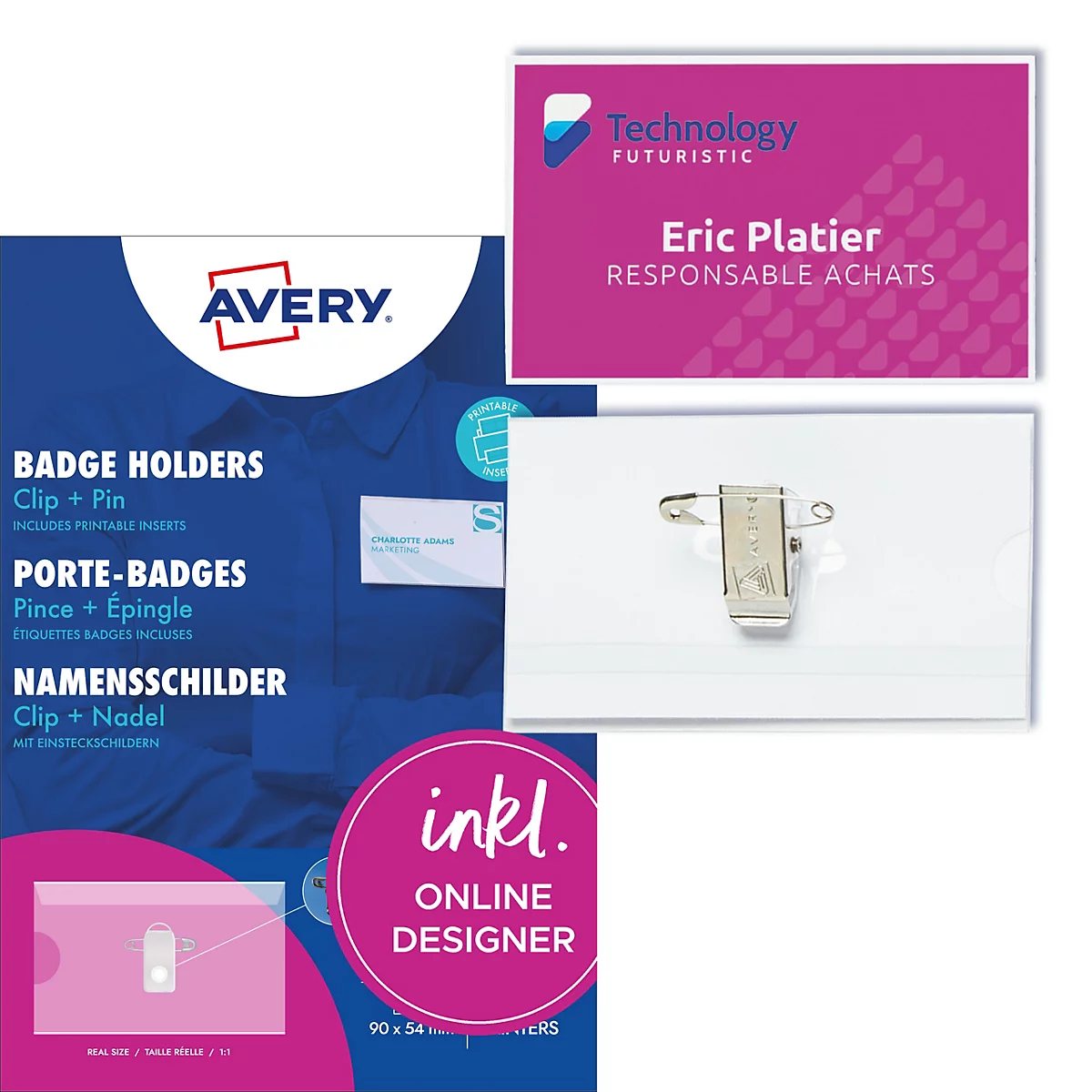 Avery Namensschilder mit Clip und Nadel in der Verpackung, inklusive eines Online-Designers.