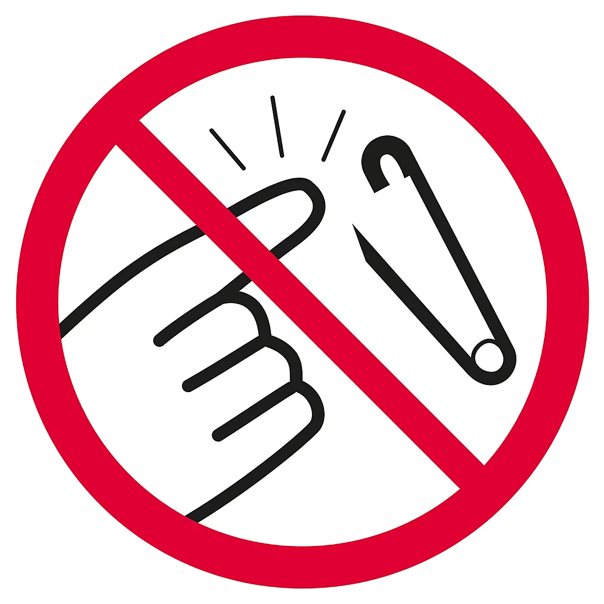 Verbotsschild: Finger nicht in die Sicherheitsnadel stecken. Roter Kreis mit durchgestrichener Hand und Nadel.