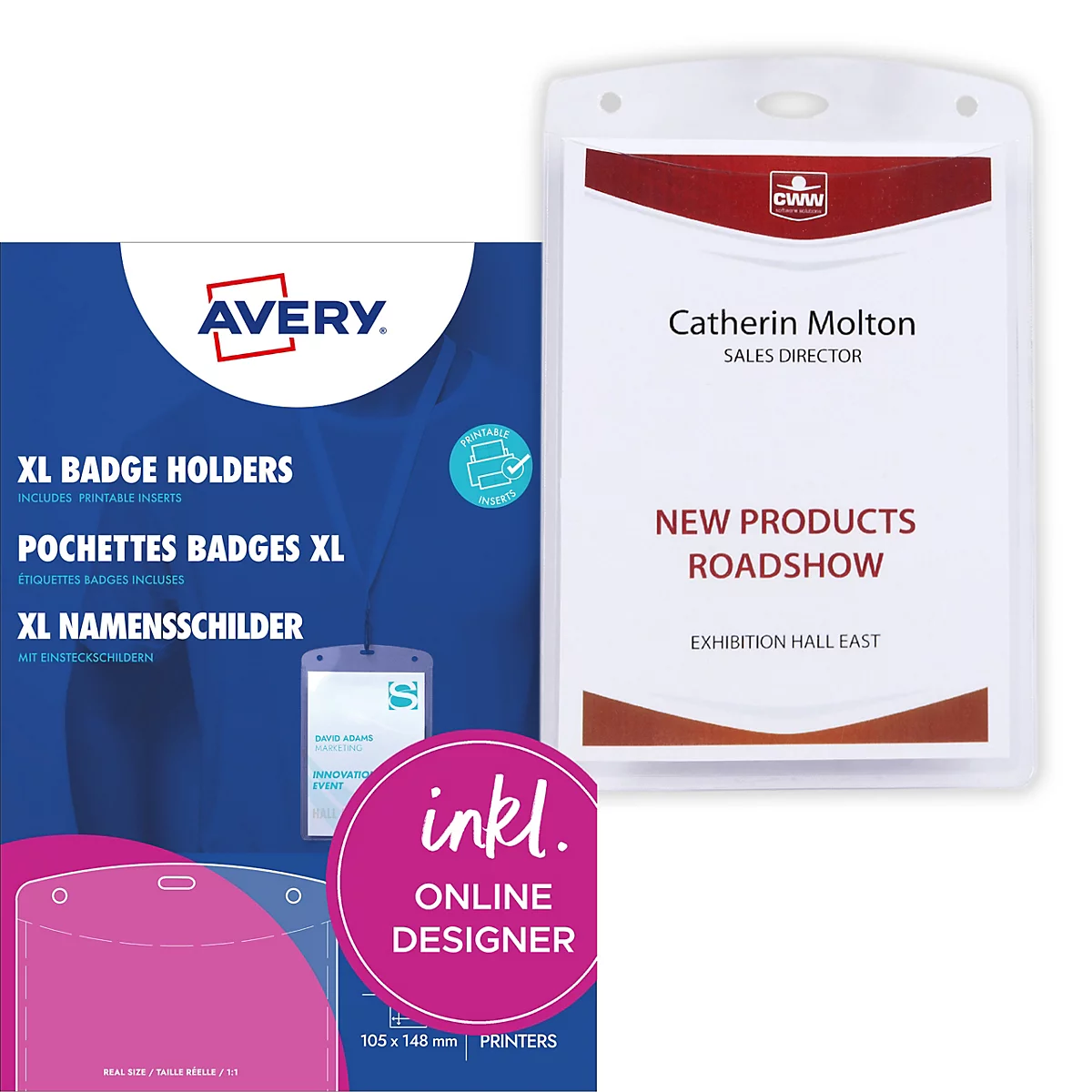 Avery XL Namensschilder mit Einsteckhüllen und bedruckbarem Einsatz für Veranstaltungen.