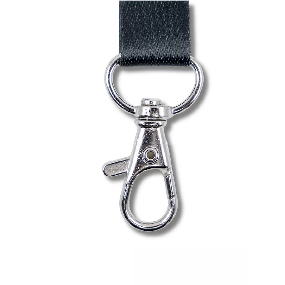 Zilveren metalen karabijnhaak aan een zwart koord, gelabeld voor het bevestigen van naambadges.