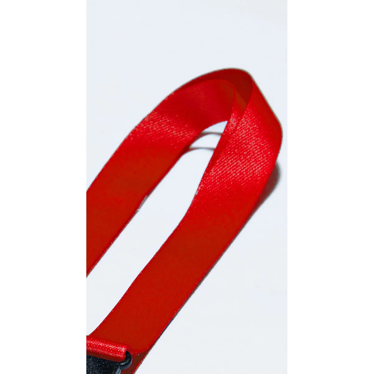 Rotes Schlüsselband mit einem Symbol einer Plastikflasche und Text über Nachhaltigkeit.