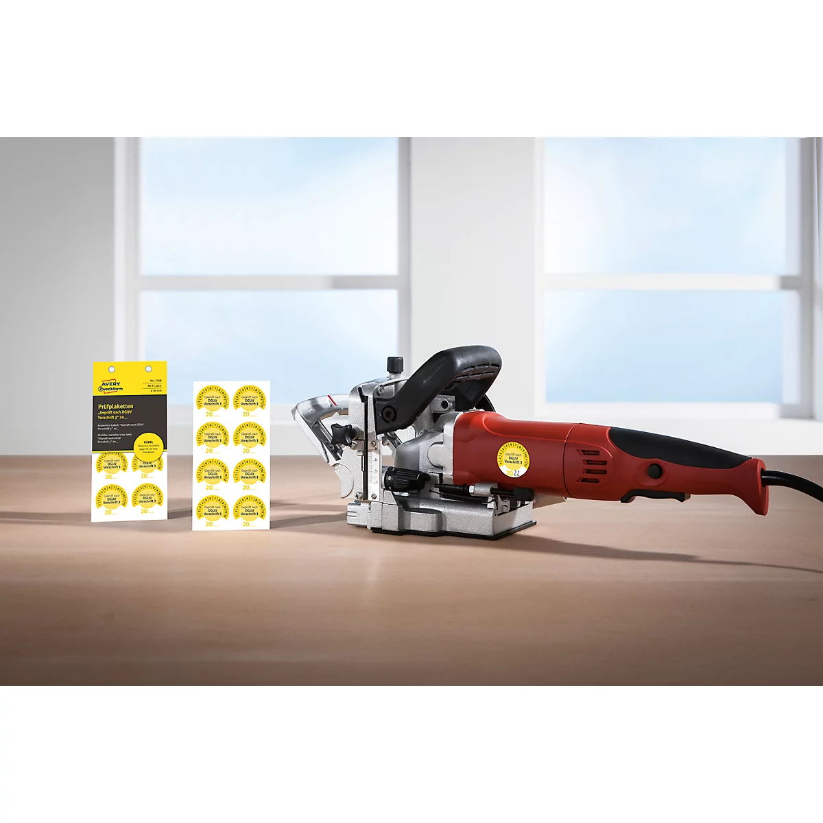 Avery Zweckform 7908 Prüfplaketten „DGUV Vorschrift 3“ 20__zum Selbereintragen, extrem robust, Ø 30 mm, 80 Stück/10 Bogen, Vinylfolie, gelb