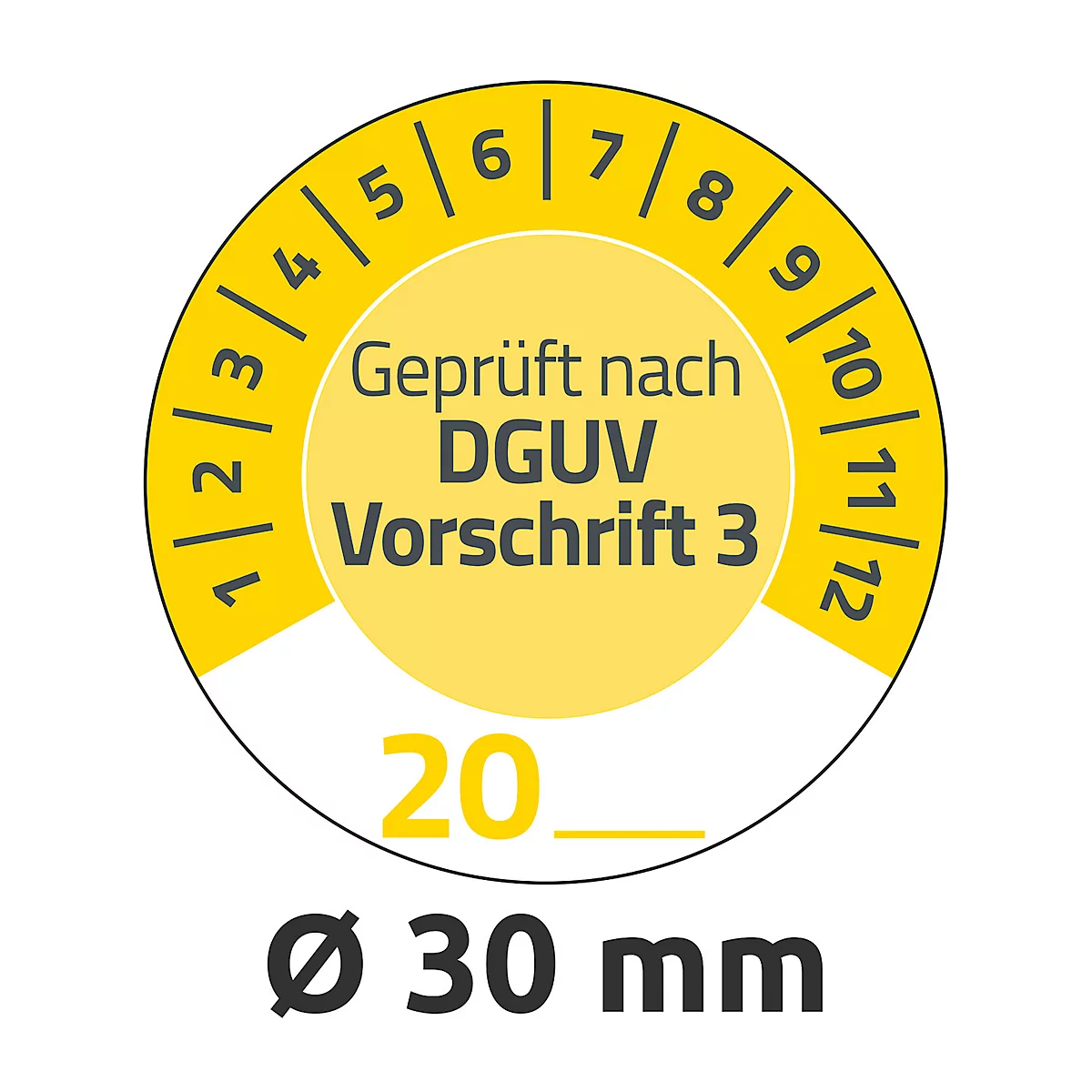 Avery Zweckform 7908 Prüfplaketten „DGUV Vorschrift 3“ 20__zum Selbereintragen, extrem robust, Ø 30 mm, 80 Stück/10 Bogen, Vinylfolie, gelb