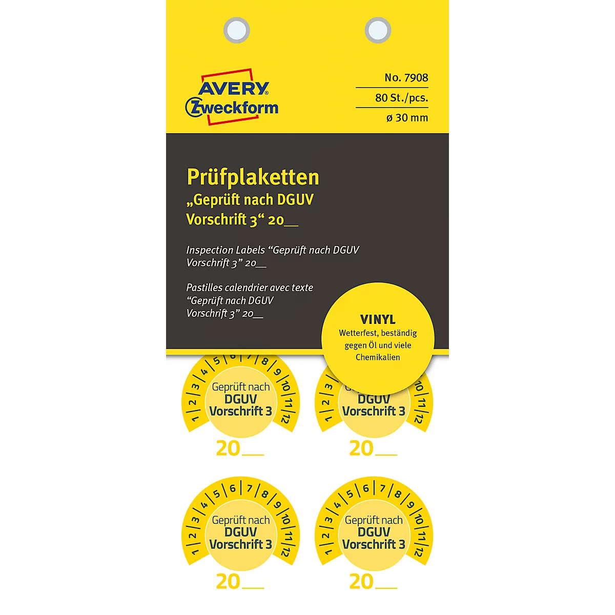 Avery Zweckform 7908 Prüfplaketten „DGUV Vorschrift 3“ 20__zum Selbereintragen, extrem robust, Ø 30 mm, 80 Stück/10 Bogen, Vinylfolie, gelb