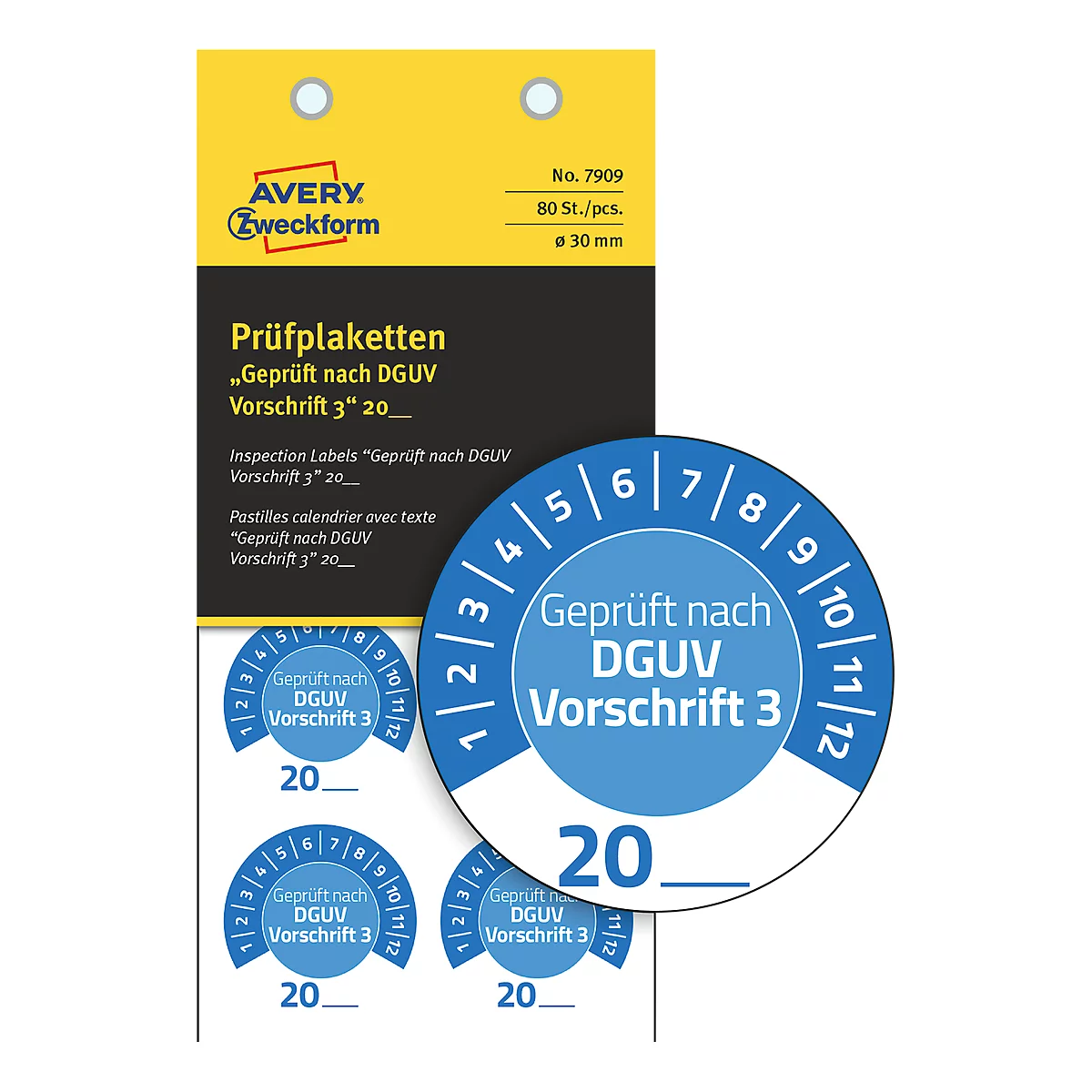 Avery Zweckform 7909 Prüfplaketten „DGUV Vorschrift 3“ 20__ zum Selbereintragen, extrem robust, Ø 30 mm, 80 Stück/10 Bogen, Vinylfolie, blau