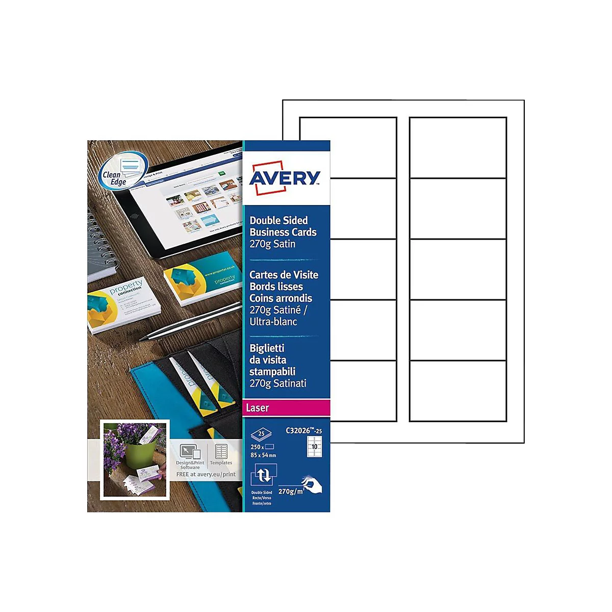 Verpackung von Avery beidseitig bedruckbaren Visitenkarten mit 270g Satin-Papier und Vorlage für 10 Karten pro Blatt.