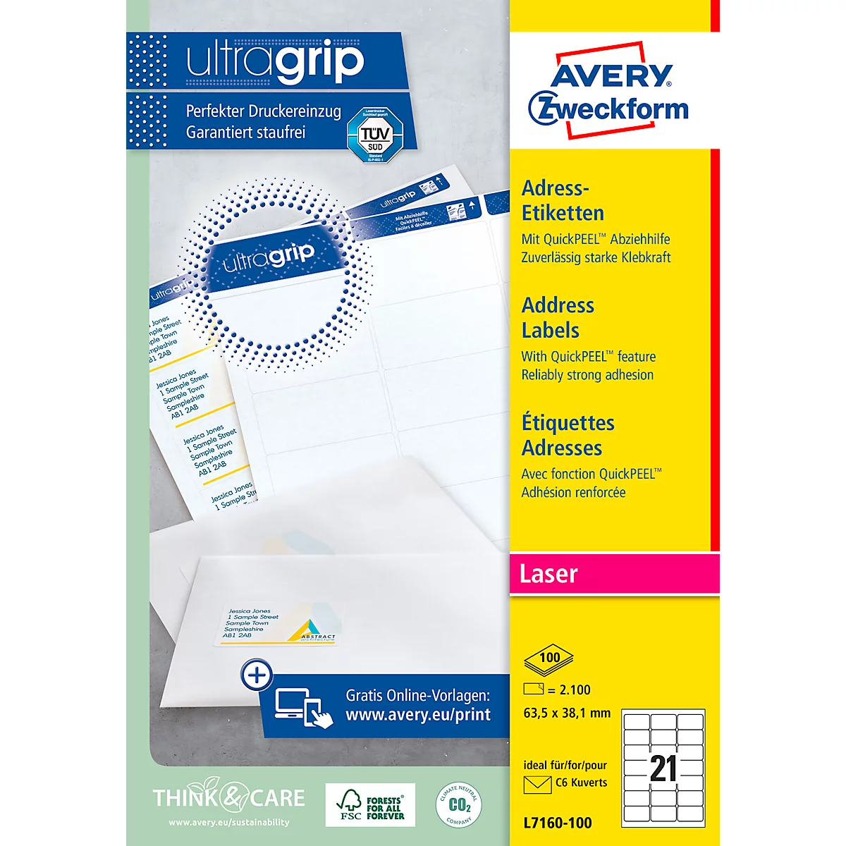 A pack of address labels from Avery Zweckform, white, with blue and yellow lettering.