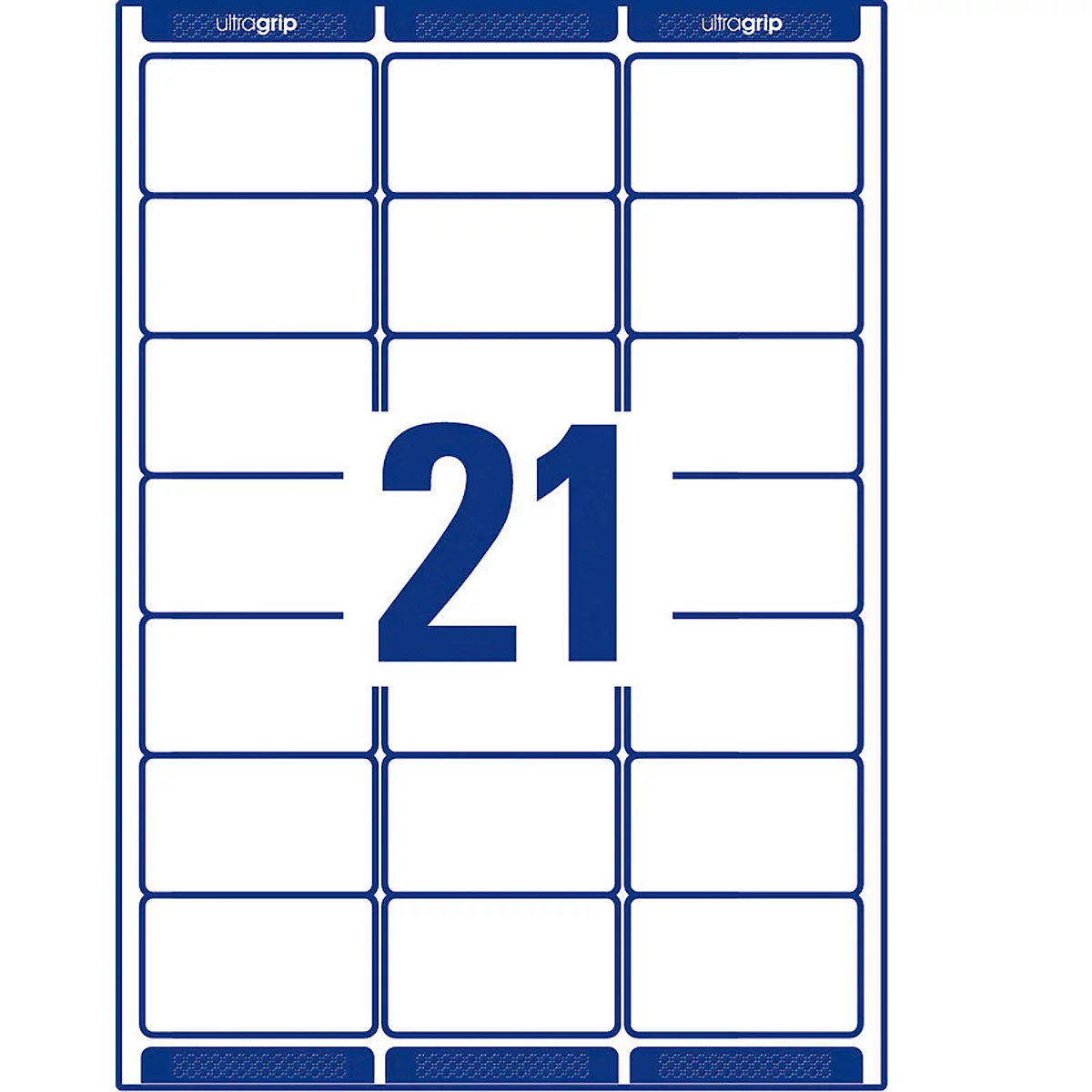 Sheet of 21 rectangular labels, blue borders, with large blue number 21 in the center.