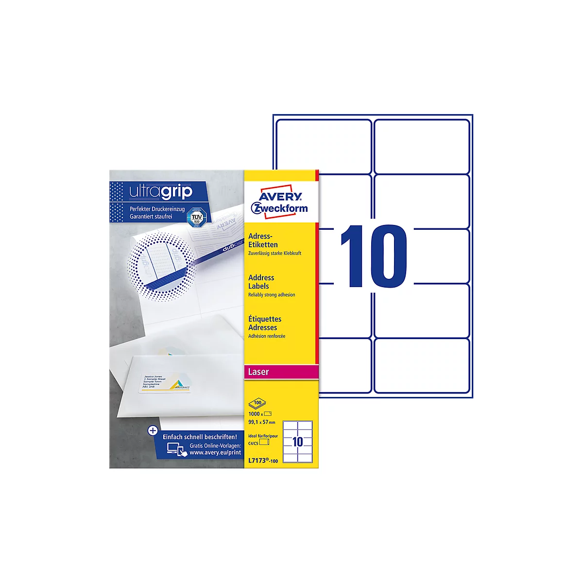 A pack of Avery Zweckform address labels next to a sheet of 10 labels.