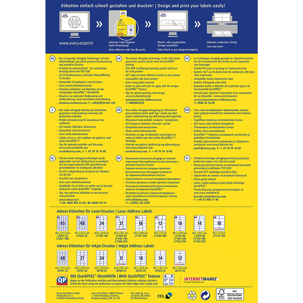Yellow and blue advertising poster for Avery labels, showing processes and label formats.