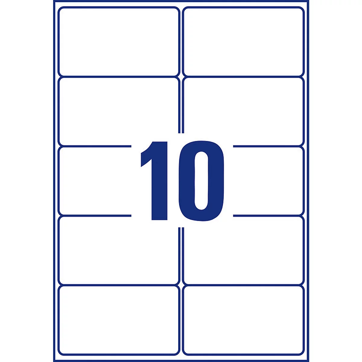 Sheet of labels with 10 rectangular fields, bordered by blue lines. A large, blue '10' in the middle.