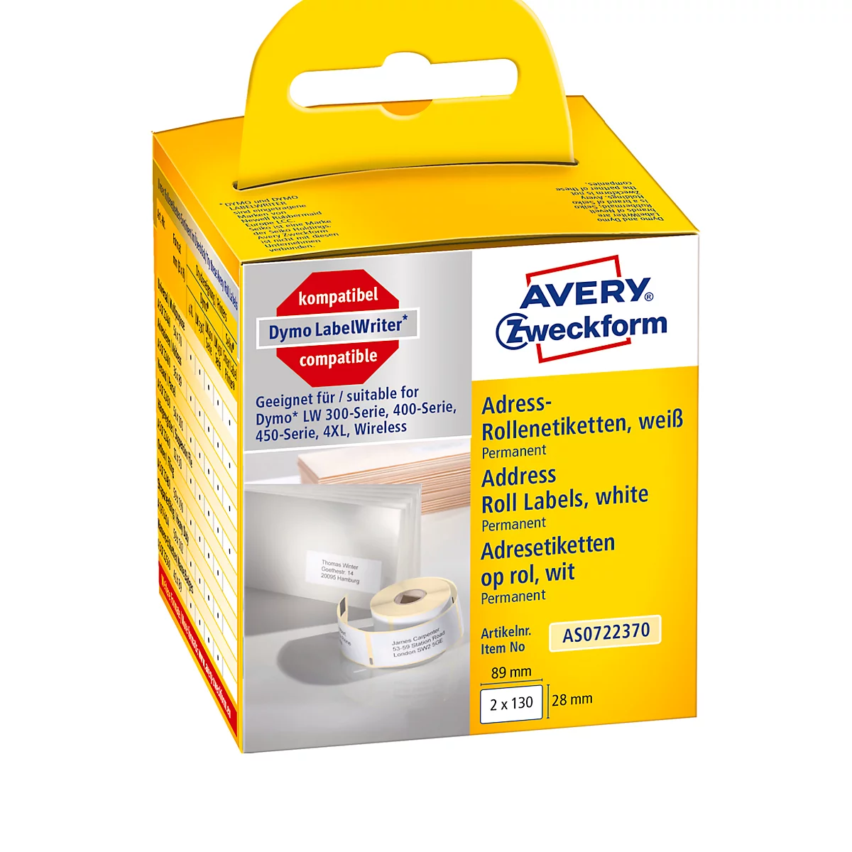 Yellow and white label package, Avery Zweckform. Text: Address roll labels, white, compatible with Dymo LabelWriter.