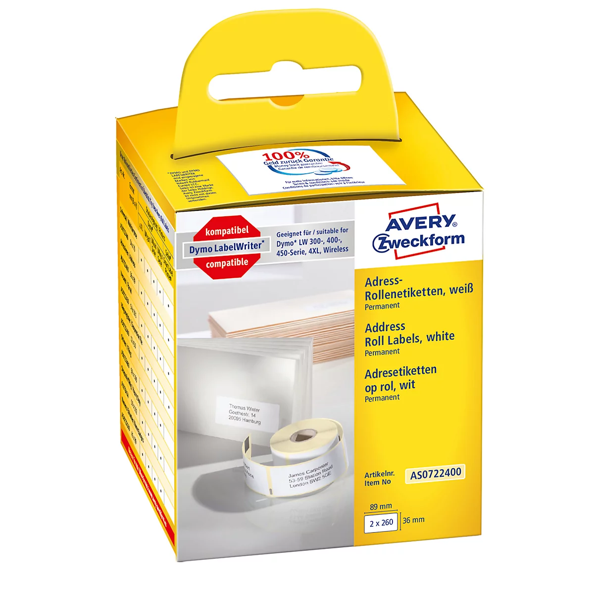 Yellow packaging with white roll labels. Inscription: Avery Zweckform. Labels with print and product information.