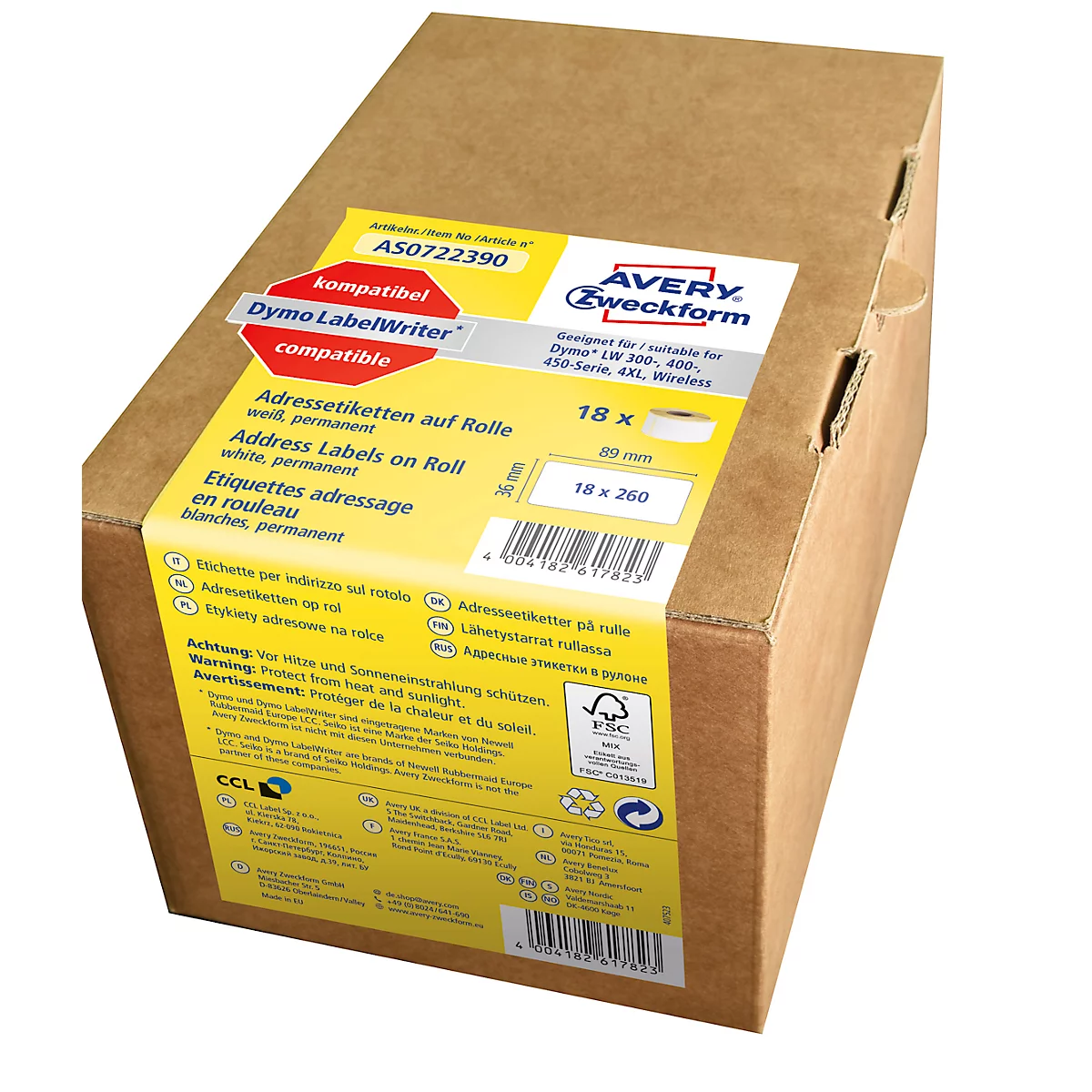 Avery Zweckform Adres-roletiketten, papier, 36 x 89 mm, zelfklevend, wit, 4680-etiketten, 18 rollen