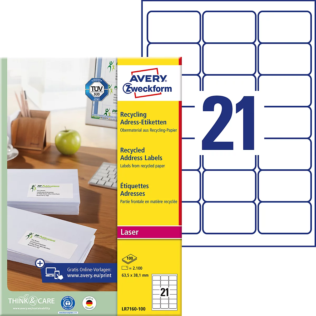 Avery Zweckform adresetiketten LR7160-100, geschikt voor laserprinters, 63,5 x 38,1 mm, 2100 stuks/100 A4-vellen, Blauer Engel, gerecycled papier, natuurlijk wit