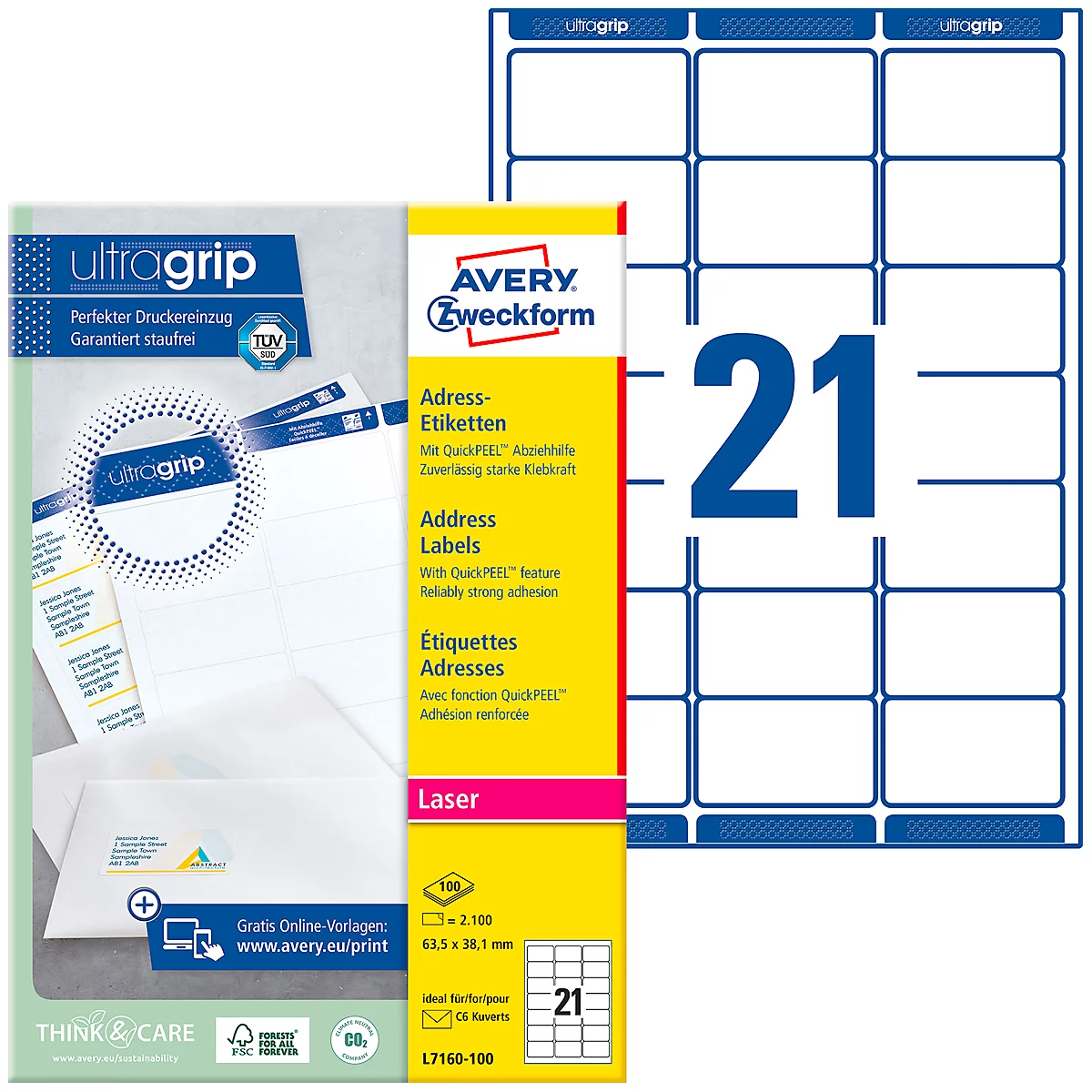 Avery Zweckform Adressetiketten L7160-100, mit ultragrip, geeignet für Laserdrucker, 63,5 x 38,1 mm, 2100 Stück/100 A4-Bogen, 100 % FSC®-Papier, weiß