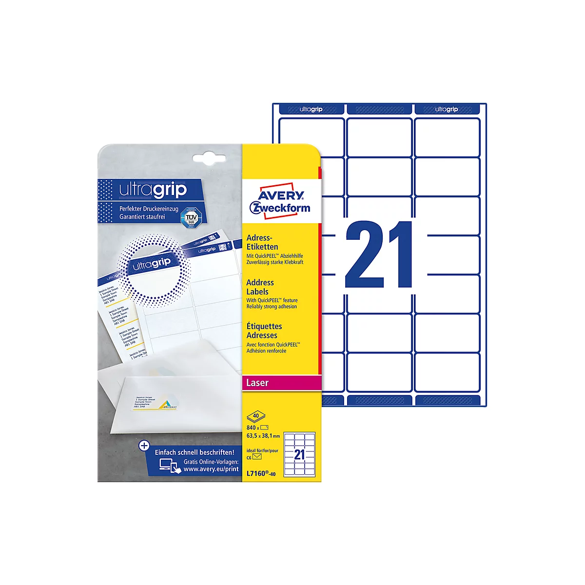 Avery Zweckform Adressetiketten L7160-40, mit ultragrip, geeignet für Laserdrucker, 63,5 x 38,1 mm, 840 Stück/40 A4-Bogen, 100 % FSC®-Papier, weiß