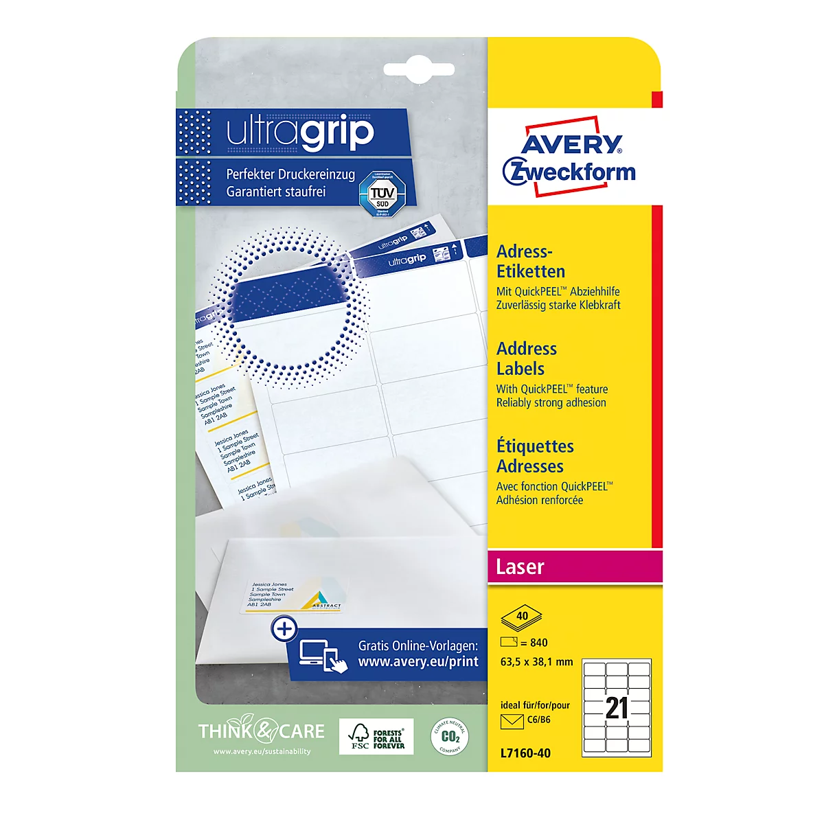 Avery Zweckform Adressetiketten L7160-40, mit ultragrip, geeignet für Laserdrucker, 63,5 x 38,1 mm, 840 Stück/40 A4-Bogen, 100 % FSC®-Papier, weiß