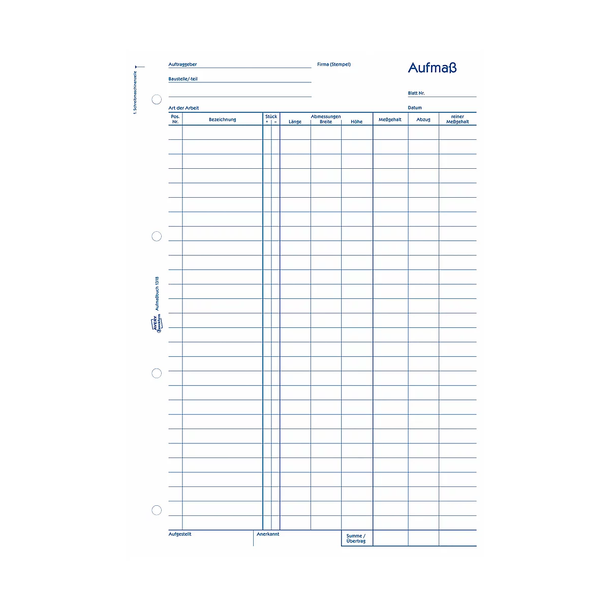 AVERY® Zweckform Aufmaßbuch Nr. 1318, 2 Blatt Blaupapier