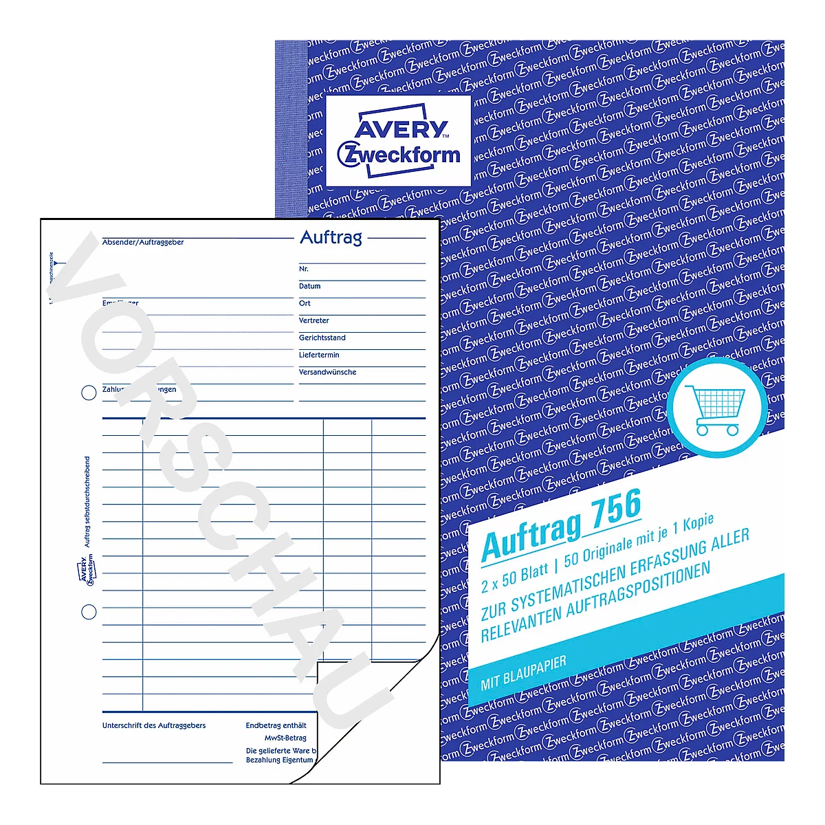 Blauer Block "Auftrag 756" von Avery Zweckform. Vordruck mit blauem Papier und Platz für Bestellinformationen.