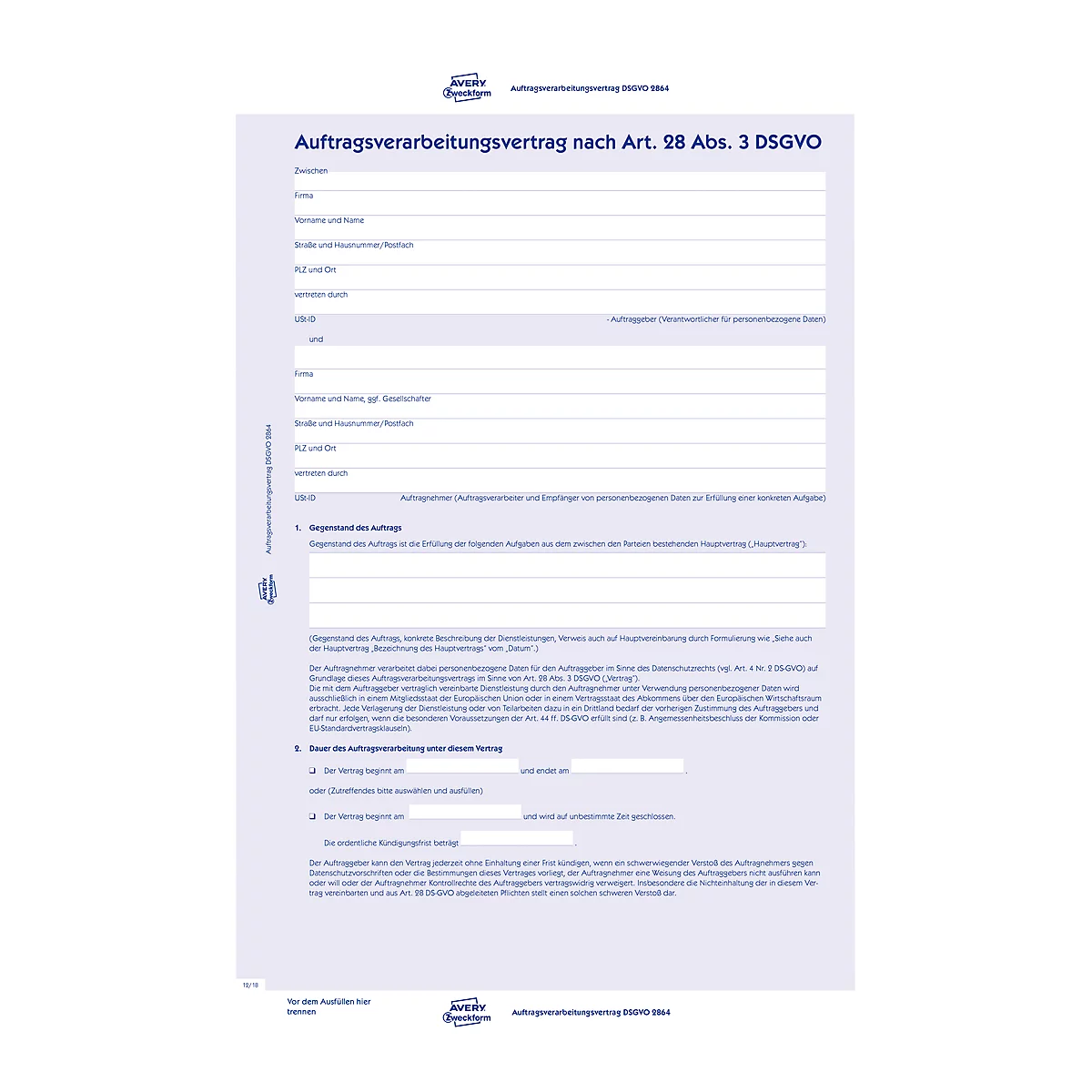 Ein weißes Dokument mit blauen Überschriften. Es handelt sich um einen Auftragsverarbeitungsvertrag nach Art. 28 Abs. 3 DSGVO.