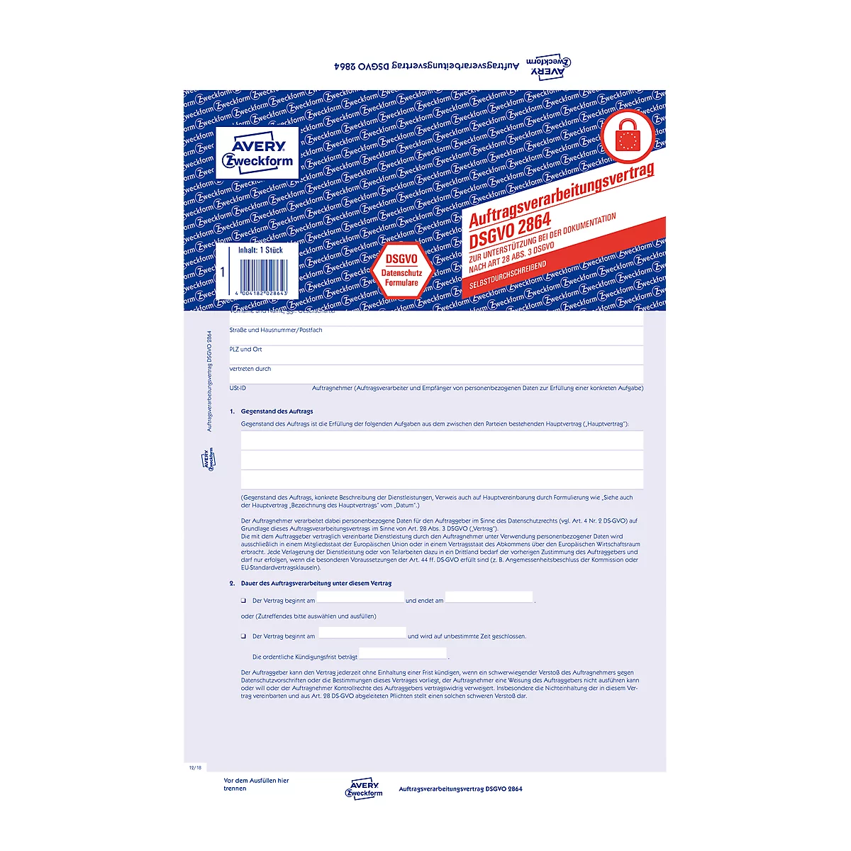 Blau-weißes Vertragsformular von Avery Zweckform. Der Titel lautet "Auftragsverarbeitungsvertrag DSGVO 2864".