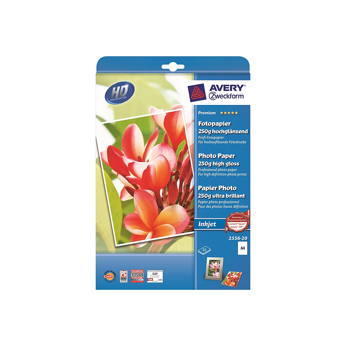 Verpackung von Avery Zweckform hochglänzendem Fotopapier mit Blumenmotiv.