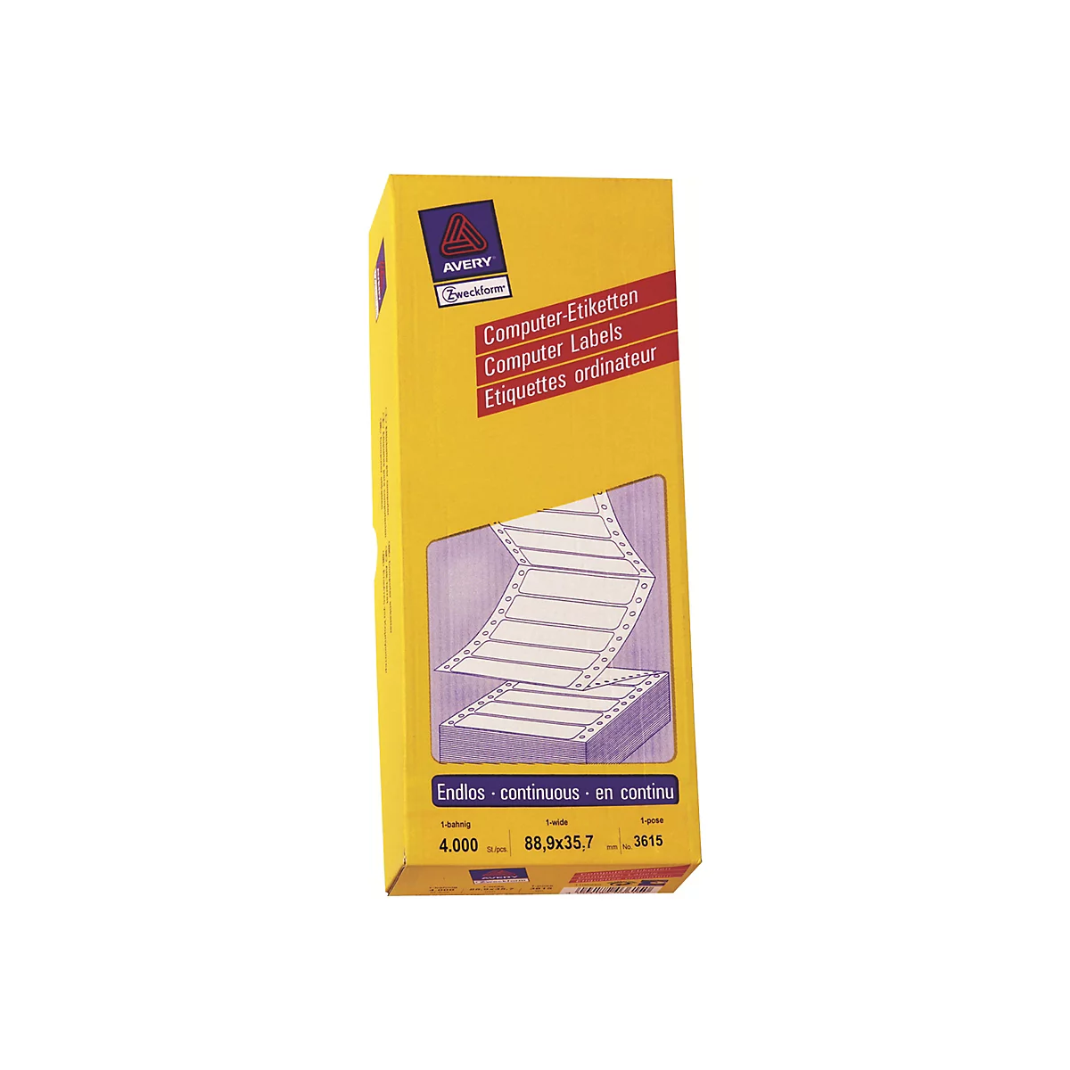 Gelbe Verpackung von Avery Zweckform Computer-Etiketten, 4.000 Stück, 88,9x35,7 mm.
