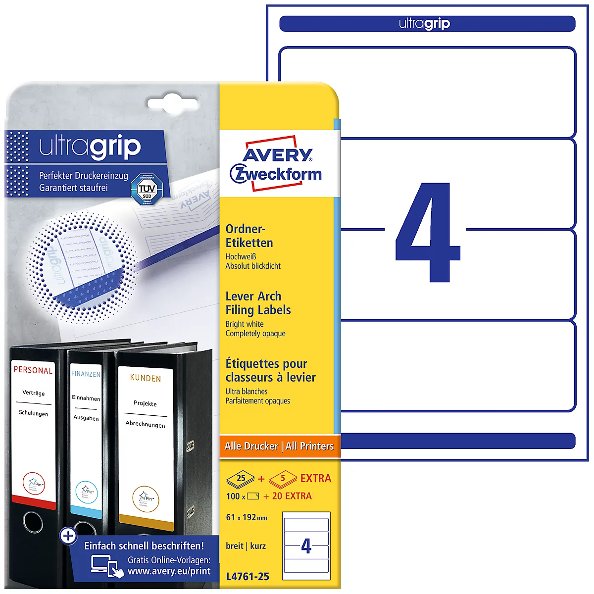 A package of Avery Zweckform folder labels, next to it a sheet with 4 labels. The package says: ultragrip, folder labels, 4.
