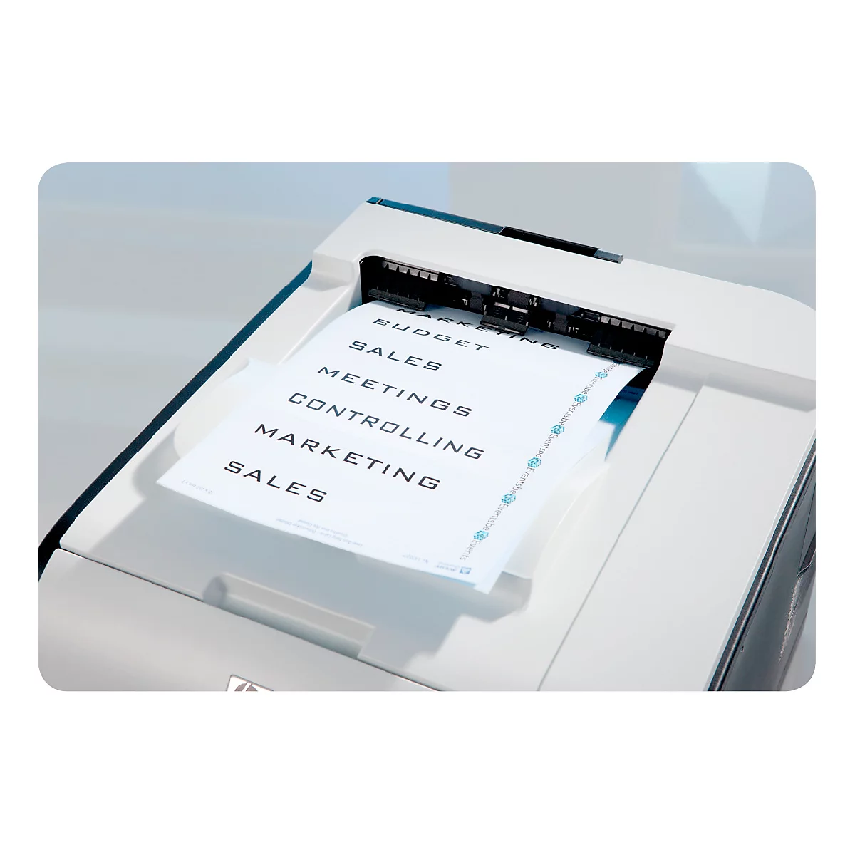 White printer printing a sheet with the words Budget, Sales, Meetings, Controlling, Marketing, Sales.