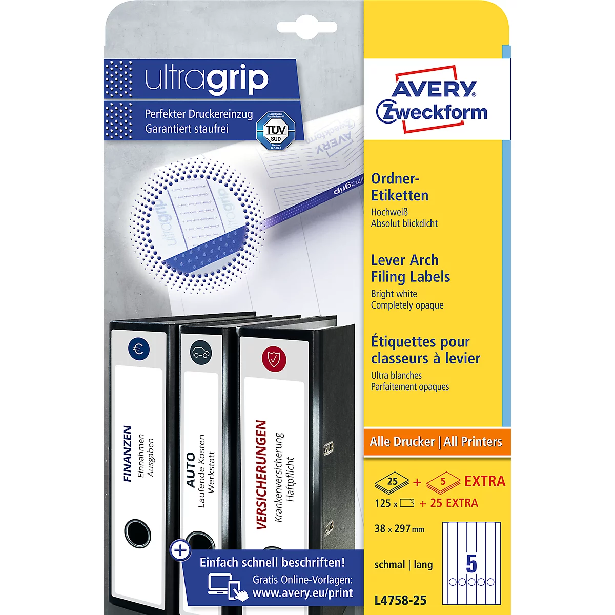 Product packaging with Avery Zweckform filing labels and three ring binders.