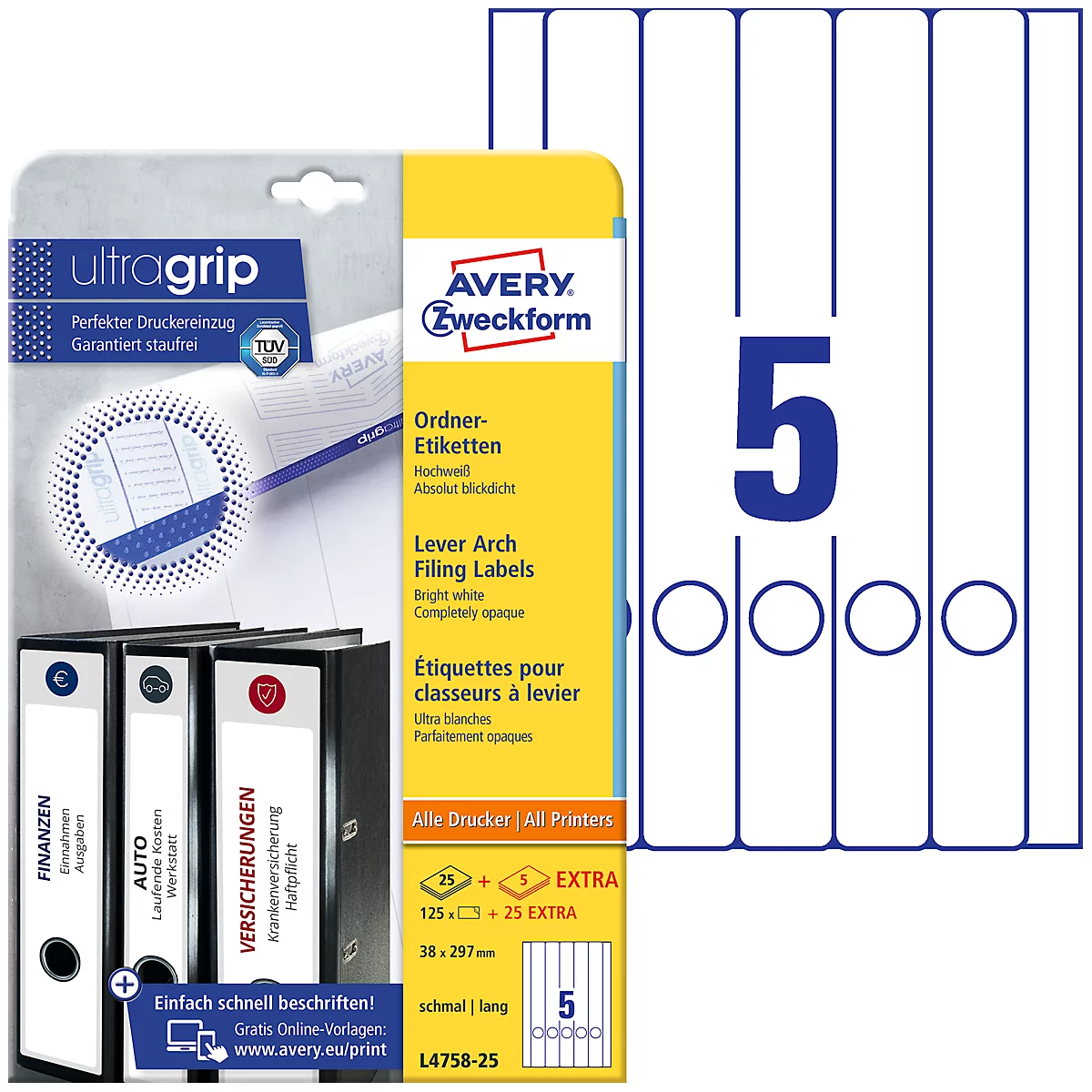 Product image of binder labels and file folders. Printed lettering such as "Finances", "Car" and "Insurance" can be seen.