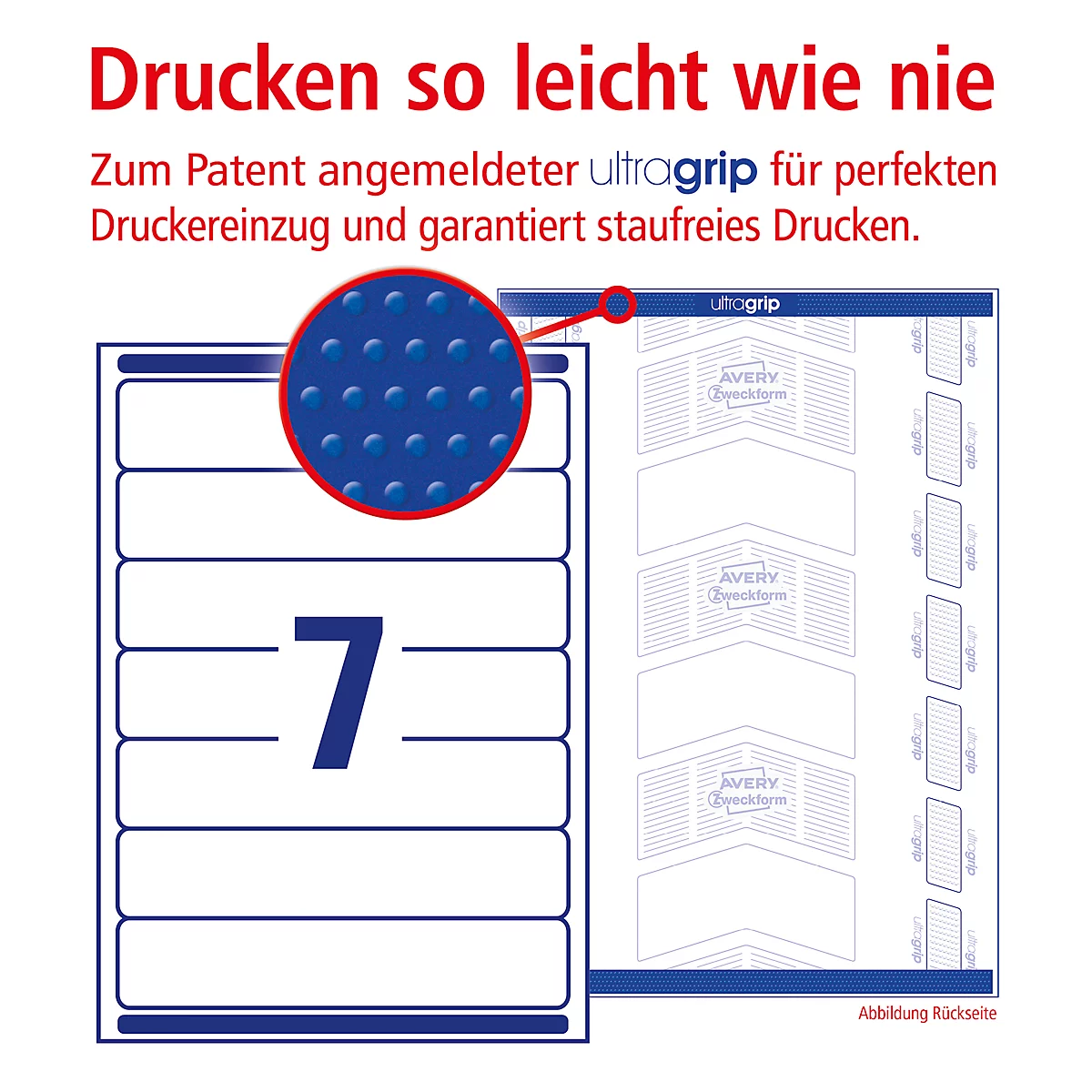 Labels with the number 7, detail of the ultragrip surface in blue, text: Printing so easy as never before.