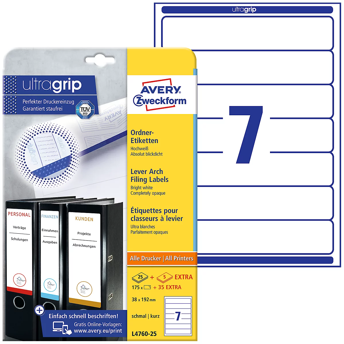 Pack of binder labels with the number 7 and labeled binders. Inscription: Avery Zweckform, ultragrip.