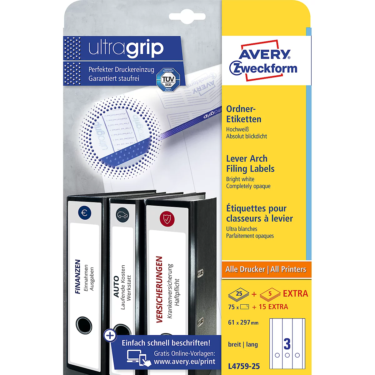 Product packaging of Avery Zweckform lever arch file labels. The product shows a pack of labels and three labeled folders.