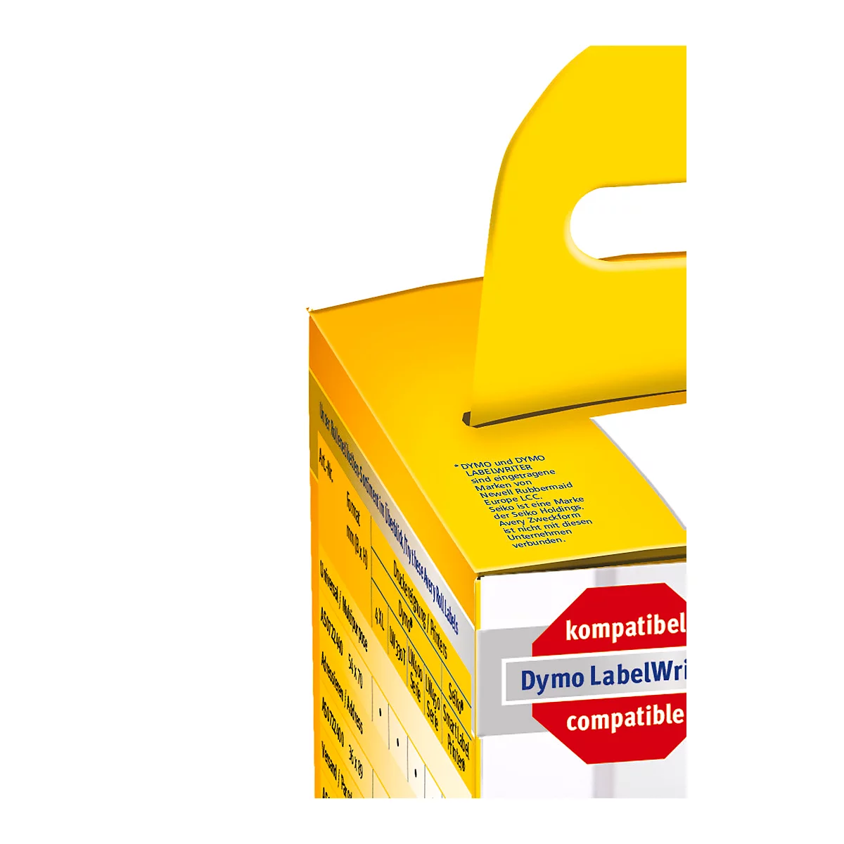 Yellow packaging with handle. Text: Dymo LabelWriter compatible. More lettering is recognizable.