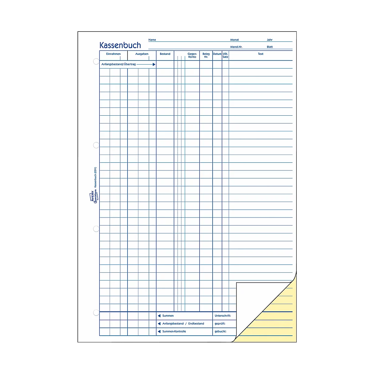 A blank cash book with grid lines and columns for entries. At the top it says "Kassenbuch".